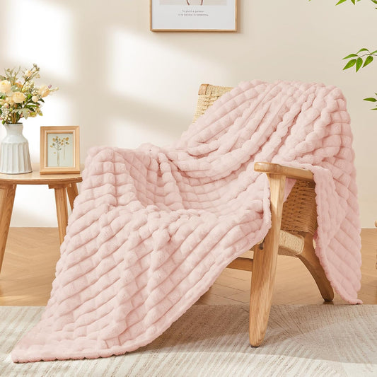 3D Checked Pink Fleece Throw Blanket for Couch, 50x60 Inches