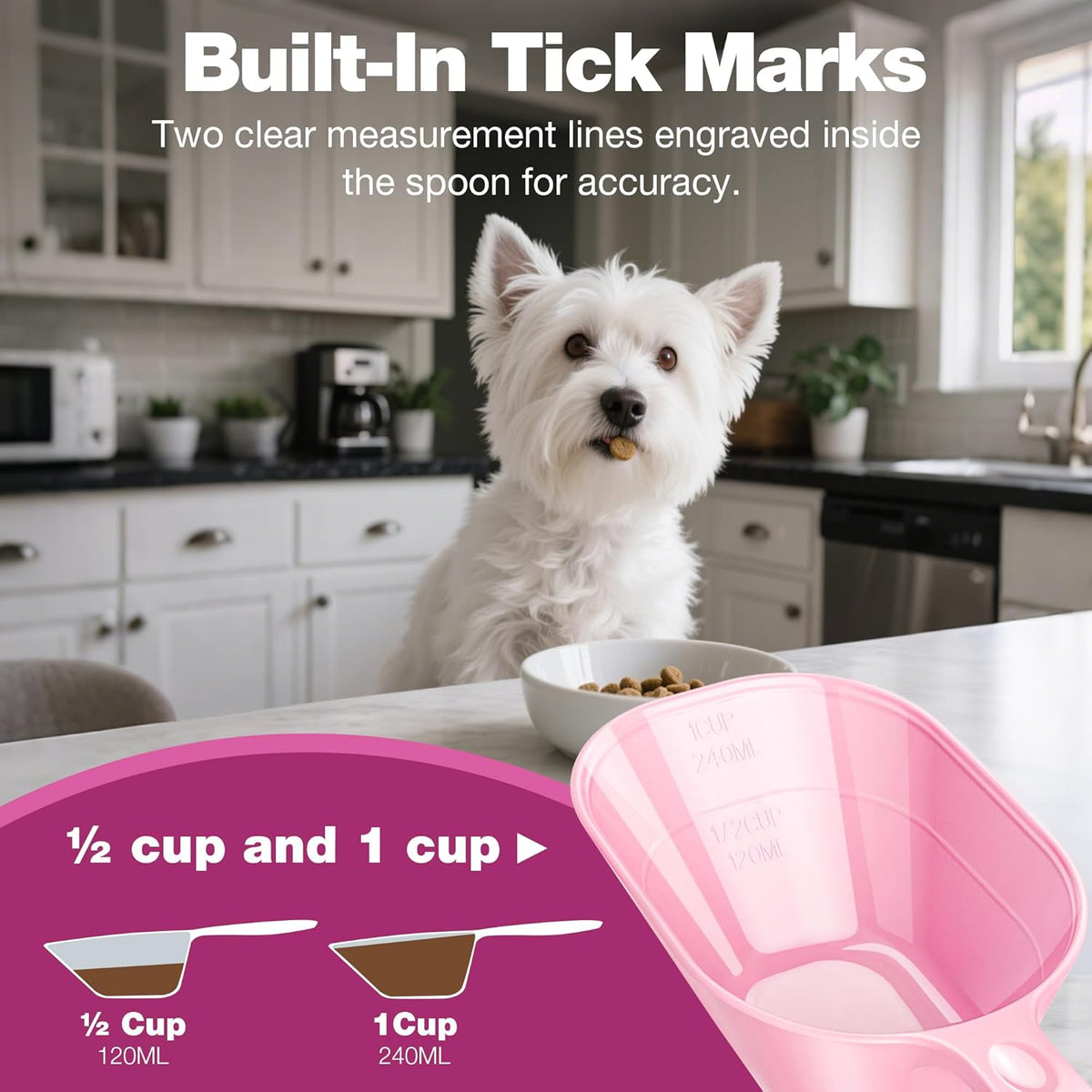 Dog Food Scoop 2 Pack, Pet Cup Capacity Cat Food Scooper With Measuring Lines For Dog, Puppy and Cat Coffee Bean, Flour Scoop Pink