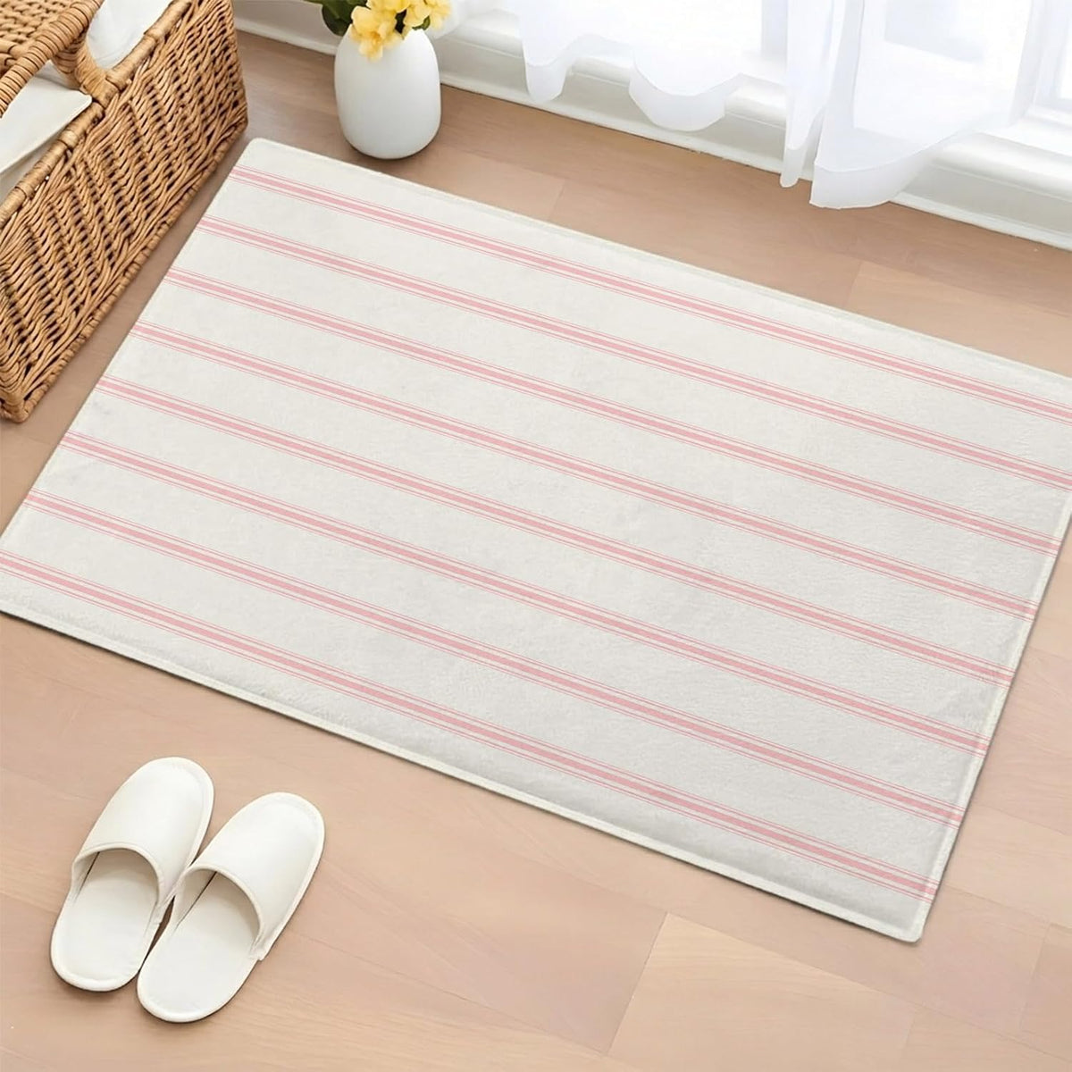 Non Slip Bath Mat for Bathroom Floor Tub, Minimalist Pink Stripe on Beige Bathroom Rug Water Absorbent Soft Shaggy Rugs Indoor Doormats Modern Pinstripes Line Art Mats,16x24in