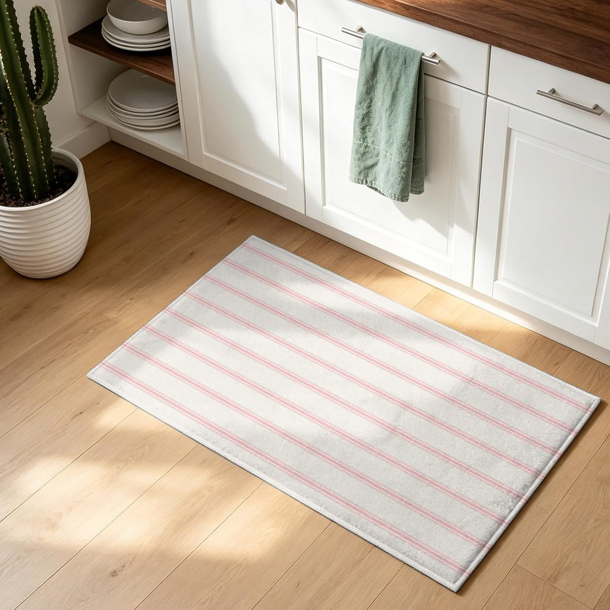 Non Slip Bath Mat for Bathroom Floor Tub, Minimalist Pink Stripe on Beige Bathroom Rug Water Absorbent Soft Shaggy Rugs Indoor Doormats Modern Pinstripes Line Art Mats,16x24in