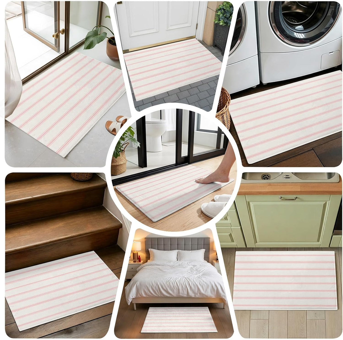 Non Slip Bath Mat for Bathroom Floor Tub, Minimalist Pink Stripe on Beige Bathroom Rug Water Absorbent Soft Shaggy Rugs Indoor Doormats Modern Pinstripes Line Art Mats,16x24in