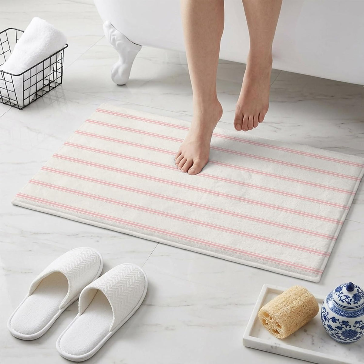 Non Slip Bath Mat for Bathroom Floor Tub, Minimalist Pink Stripe on Beige Bathroom Rug Water Absorbent Soft Shaggy Rugs Indoor Doormats Modern Pinstripes Line Art Mats,16x24in