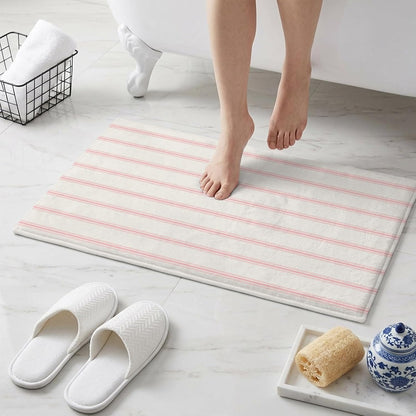 Non Slip Bath Mat for Bathroom Floor Tub, Minimalist Pink Stripe on Beige Bathroom Rug Water Absorbent Soft Shaggy Rugs Indoor Doormats Modern Pinstripes Line Art Mats,16x24in