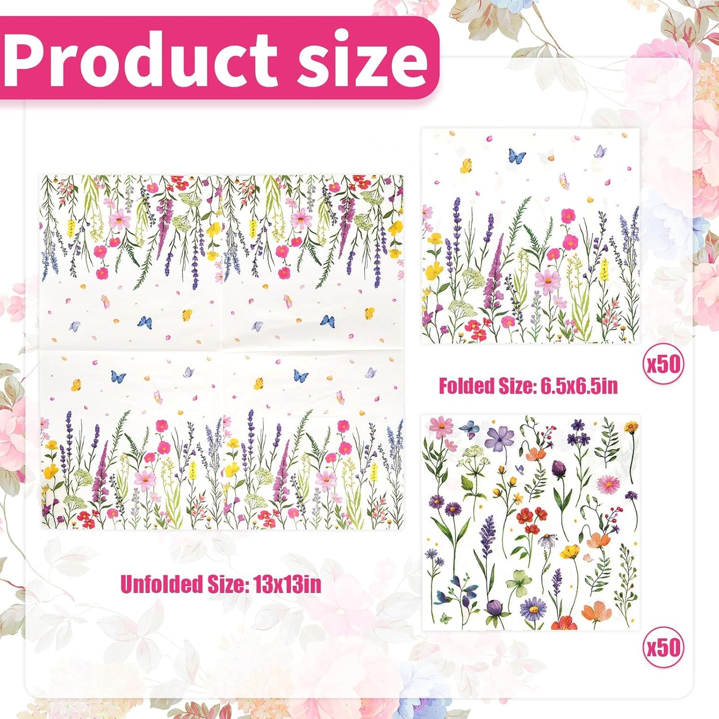 100Pcs Wildflower Napkins, Disposable Spring Floral Party Napkins, 2-Ply Guest Dinner Hand Napkin with Butterfly Flower for Spring Wedding Birthday Tea Bridal Dinner Parties & Home Use