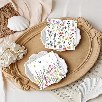 100Pcs Wildflower Napkins, Disposable Spring Floral Party Napkins, 2-Ply Guest Dinner Hand Napkin with Butterfly Flower for Spring Wedding Birthday Tea Bridal Dinner Parties & Home Use