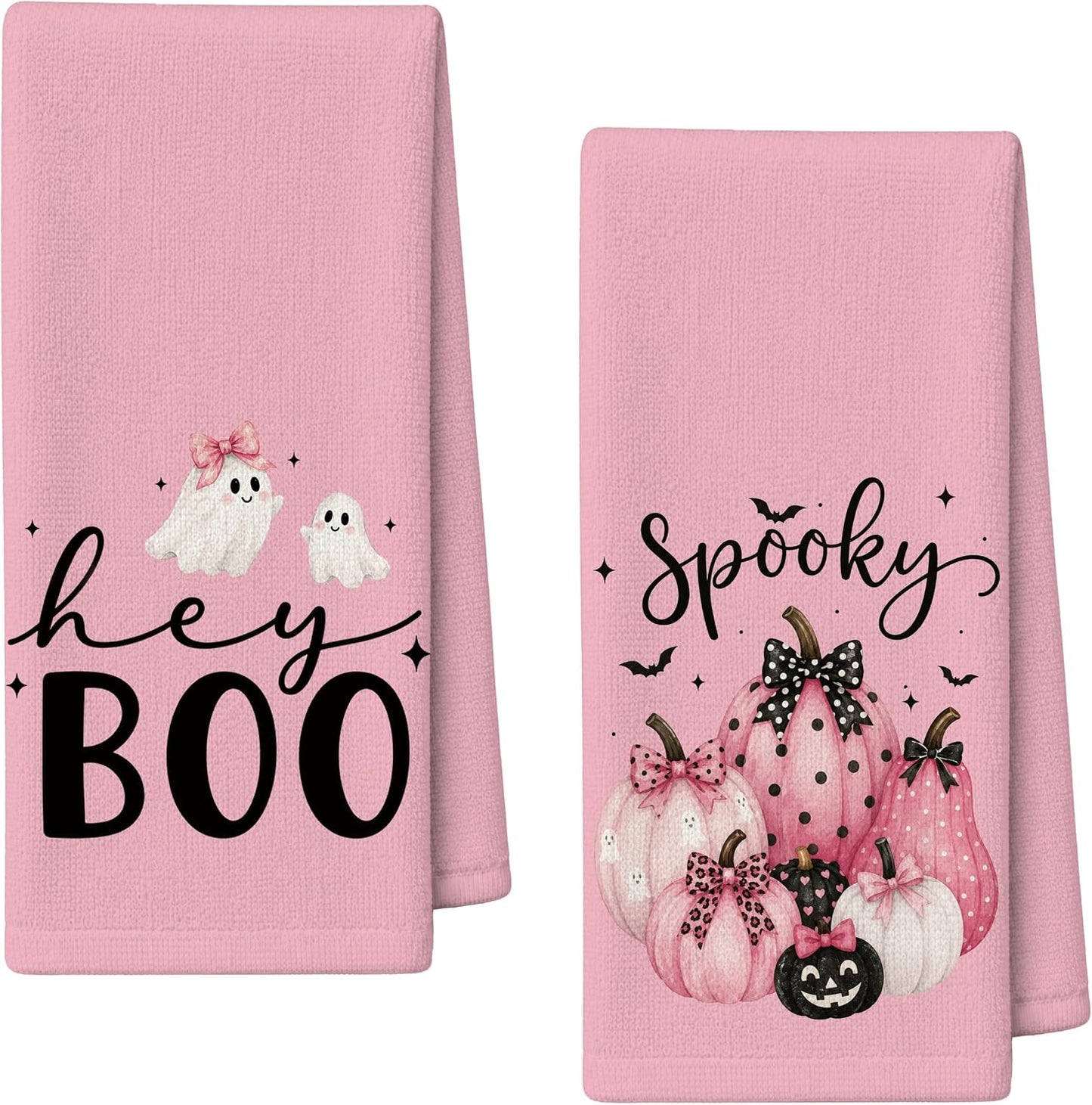 Preppy Pink Halloween Kitchen Dish Towels 16x24in, Set of 2