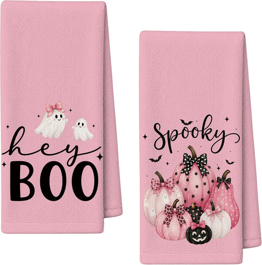 Preppy Pink Halloween Kitchen Dish Towels 16x24in, Set of 2