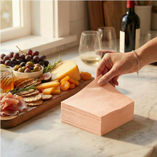 AH AMERICAN HOMESTEAD Paper Cocktail Napkins - Linen-Like Disposable Beverage Bar Napkins 4.75" x 4.75" - Bulk Square Napkins - Ideal for Party or Wedding (Peach -100 Count)