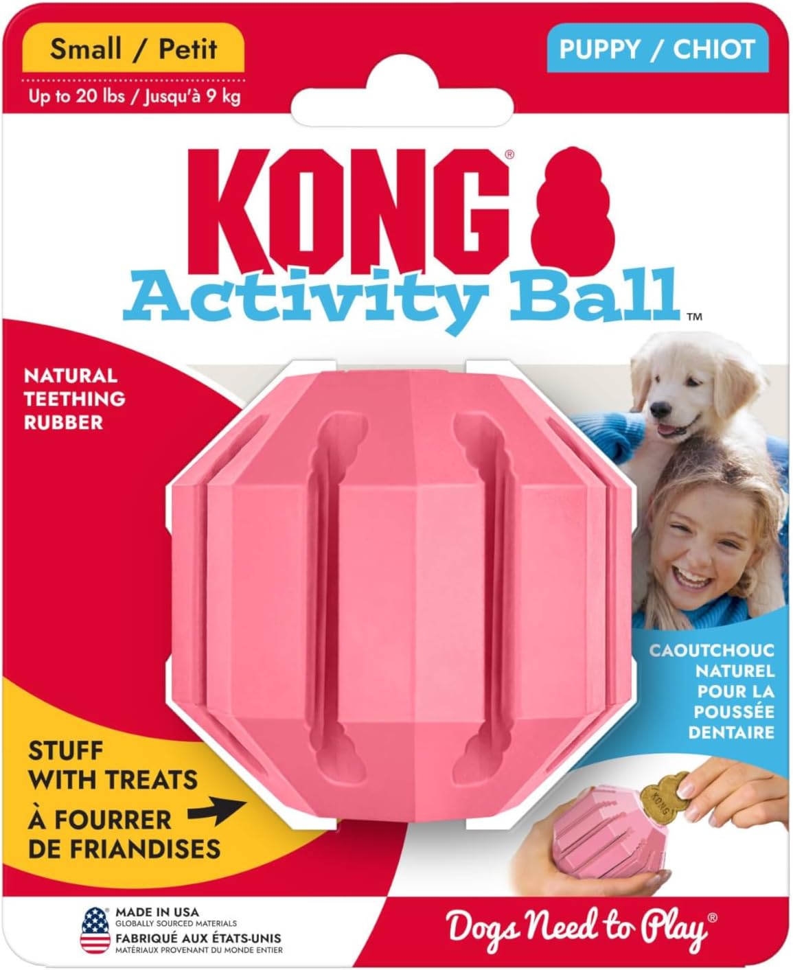 Puppy Activity Ball, Natural Rubber Teething Toy, Small Puppies, Pink
