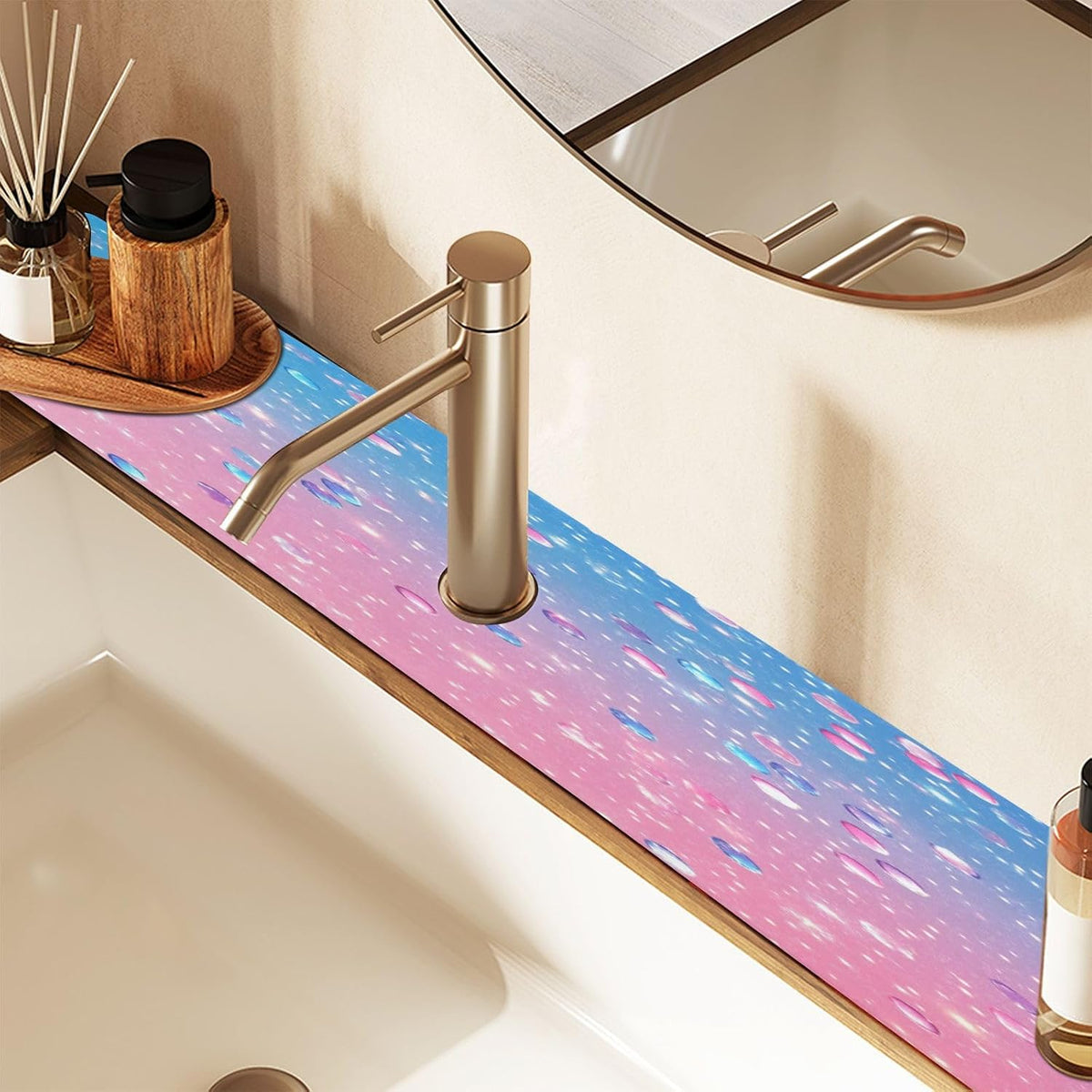 Cute Light Pink Blue Gradient Flashing Glitter Faucet Drying mat Silicone Kitchen Faucet Mat Sink Splash Guard Drip Catcher Dish Soap Sponge Holder for Guard Bathroom Farmhouse M